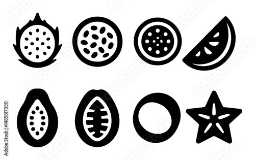 Black and white icon set of various tropical fruit slices