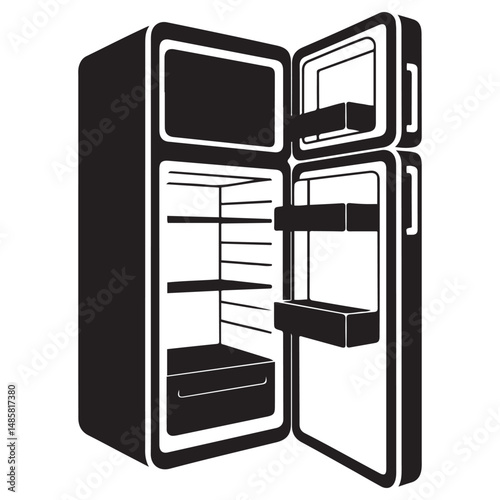 Open refrigerator with shelves Vector black silhouette. with white background