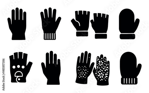 Set of various glove and mitten icons in different styles
