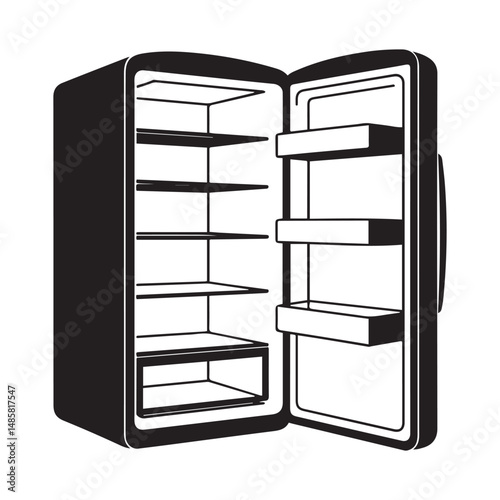 Open refrigerator with shelves Vector black silhouette. with white background