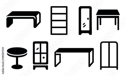 Black and white furniture icons: tables, chairs, cabinets, and shelves
