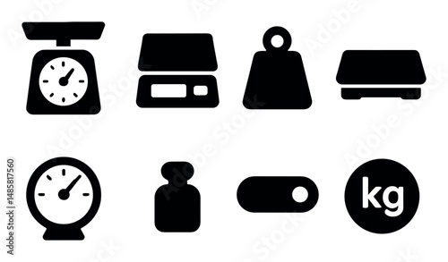 Black scale icons set representing weight and measurement tools