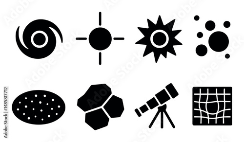 Black space icons: telescope, solar, cosmic, grid, celestial