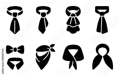 Various black tie and scarf icons in silhouette on white background