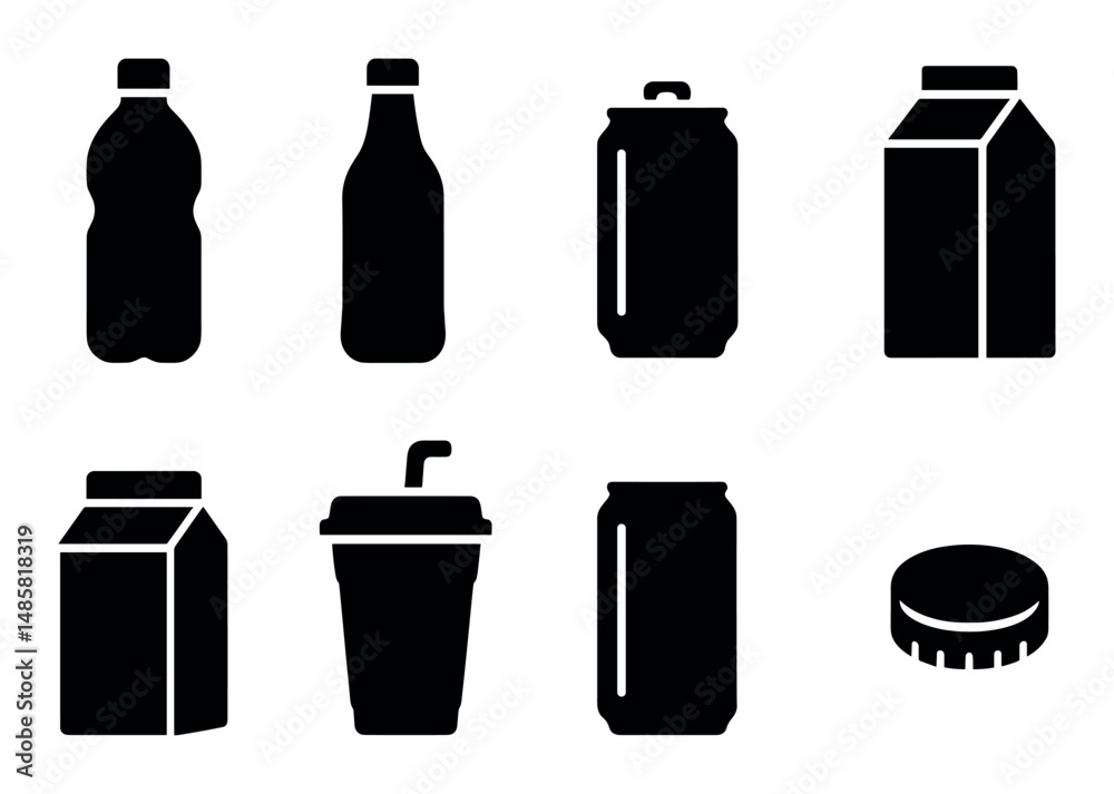 Silhouette icons of beverage containers and drink packaging Silhouette icons of beverage containers and drink packaging