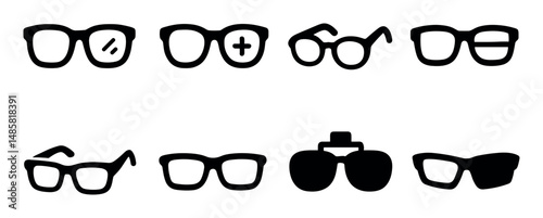 Eight iconic eyeglasses styles and designs in black silhouette