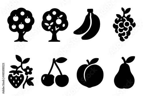 Black silhouette icons of fruit trees and various fruits