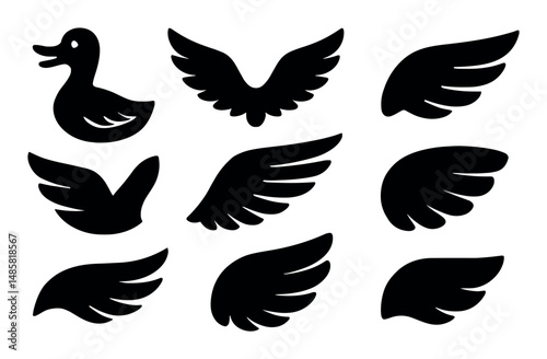Collection of bird and duck wing silhouettes in various poses