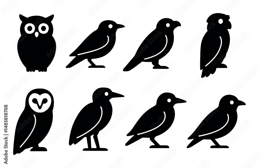Naklejka premium Silhouette icons of owls and ravens in various poses and styles