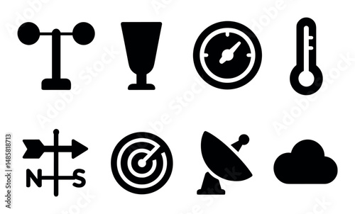 Weather instrument icons: anemometer, thermometer, compass, radar