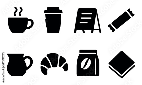 Coffee and bakery icons: cup, croissant, sign, pitcher, napkin
