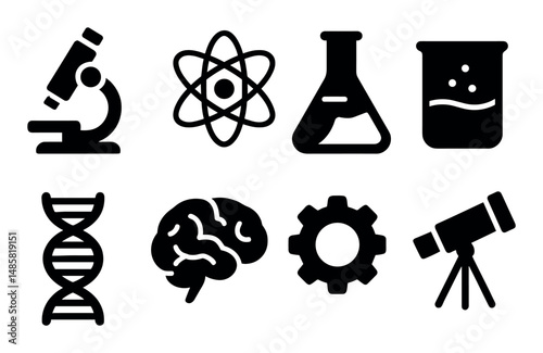 Science icons: microscope, atom, dna, brain, telescope, lab tools