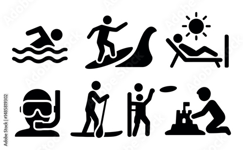 Beach activities icons: swimming, surfing, relaxing, snorkeling
