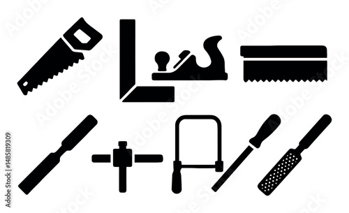 Silhouette of woodworking tools: saw, plane, rasp, gauge, bow saw