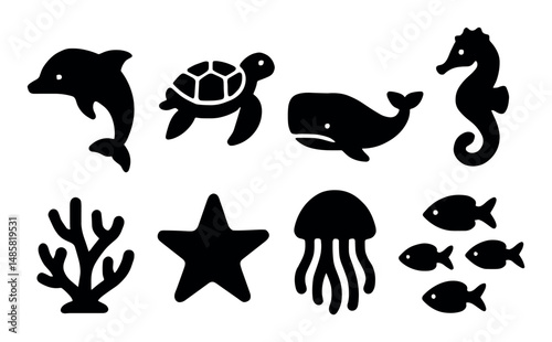Silhouette of marine animals and sea life icons set