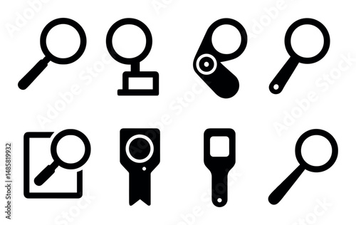 Collection of various black magnifying glass icon designs
