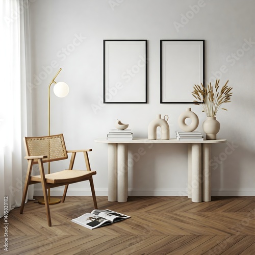 Frame mockup, ISO A paper size. Living room wall poster mockup. Interior mockup with house background. Modern interior design. 3D render 