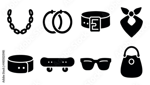 Fashion accessories icons: necklace, earrings, belt, scarf, skateboard