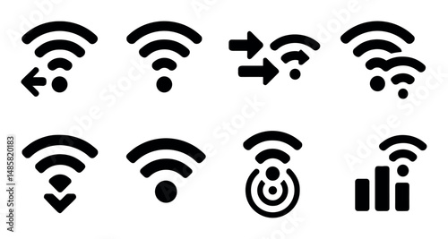 Set of eight black wi-fi signal icons in various designs