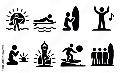 Surfing and yoga activities icons with sun and music symbols