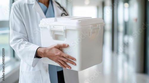 Doctor in a white coat holding a sealed white medical cooler box while walking through a hospital hallway