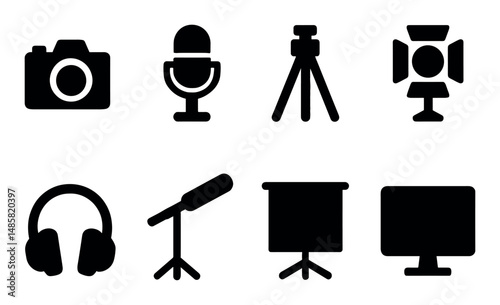Silhouettes of audio and visual equipment icons in black design