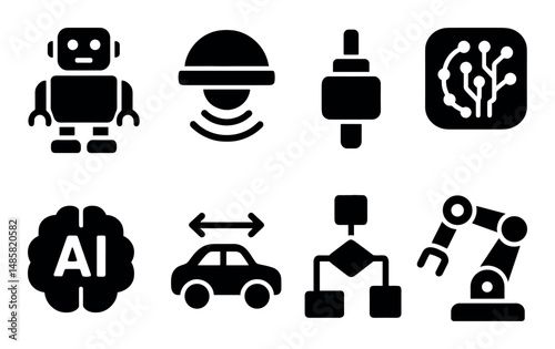 Ai and robotics icons: robot, circuit, car, brain, arm symbols