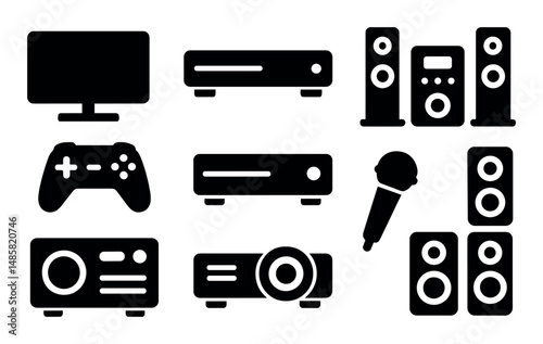 Collection of entertainment devices icons: tv, console, speakers