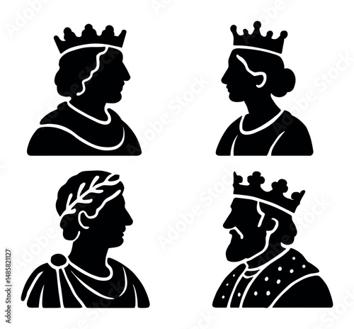 Silhouette profiles of kings and queens in traditional attire