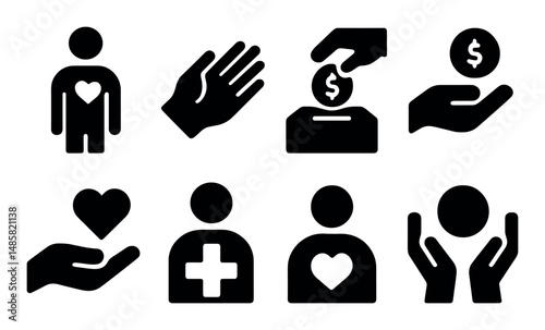 Charity and donation icons: hands, coins, hearts, giving concepts