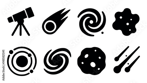 Celestial icons: telescopes, galaxies, comet, meteor, orbit signs