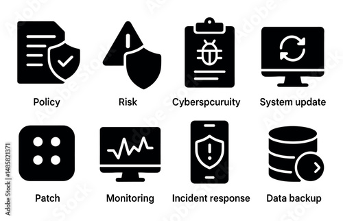 Cybersecurity icons: policy, risk, system update, data backup