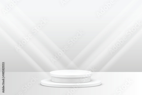 3D realistic white cylinder product pedestal podium background. Minimal vertical pattern wall scene mockup product stage showcase, Promotion display. Abstract vector geometric forms.