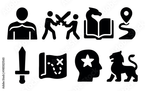 Fantasy adventure icons: swords, maps, dragons, quests, lion