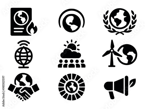 Eco-friendly icons: earth, renewable energy, sustainability symbols