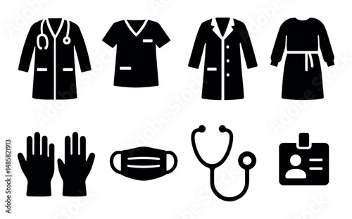 Medical uniforms and equipment icons: coat, mask, gloves, stethoscope