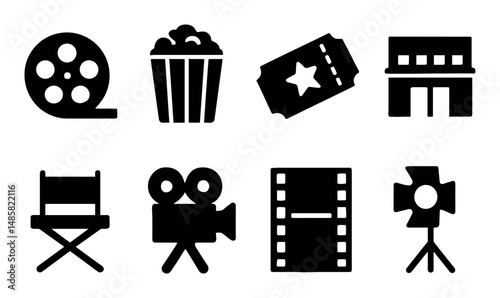 Movie icons: film reel, popcorn, tickets, projector, camera