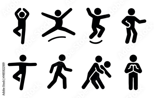 Stick figures in various poses with movement and emotion symbols