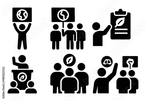 Black and white climate activism icons for environmental advocacy
