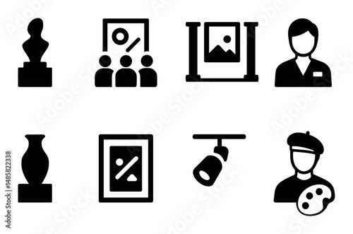 Art icon set: sculpture, paintings, gallery, artist, museum symbols