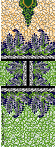 Tropical Fern Kurta Panel – Leafy Green & Beige Batik Background with Ornate Neckline for Bold Botanical Ethnic Wear. Perfect for vibrant summer lawn suits, printed tunics, and DIY ethnic apparel.