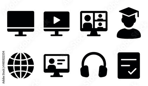 Online learning icons: computer, video, virtual classroom, graduation