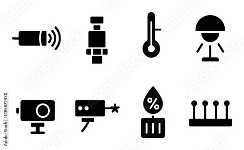 Black icon set representing technology and measurement tools