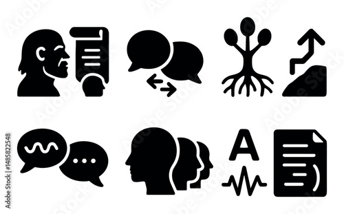 Black communication icons with speech bubbles and growth symbols
