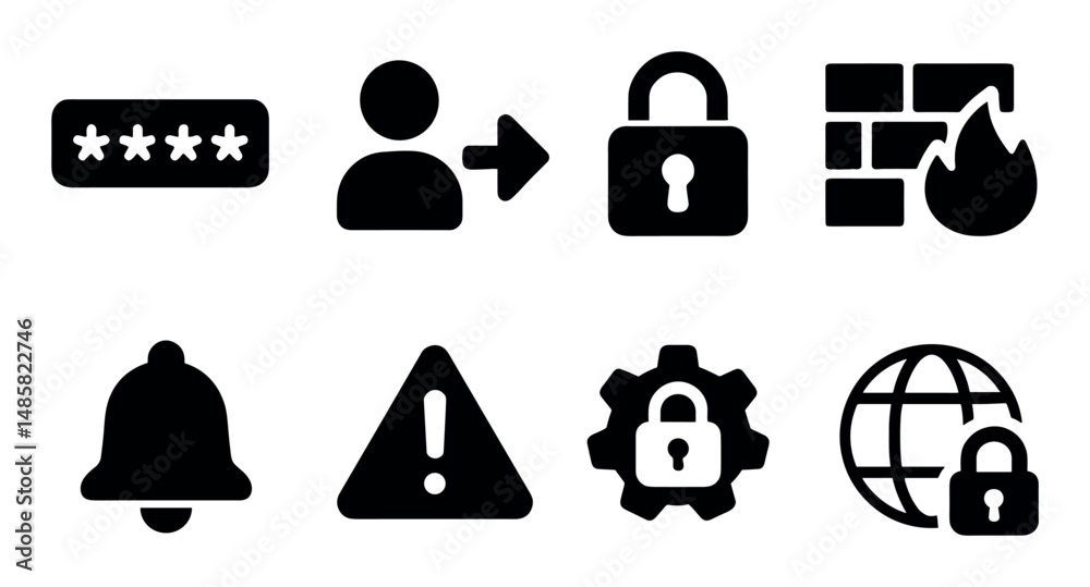 Obraz premium Security and alert icons - password, user, lock, firewall symbols