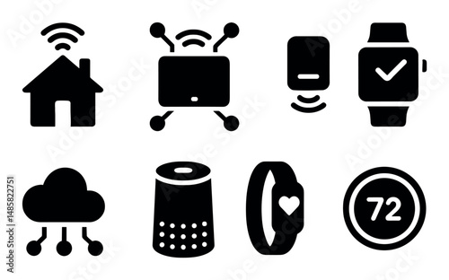 Smart home device icons: house, tv, phone, watch, cloud, speaker