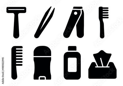 Grooming icons: razor, clippers, comb, tweezers, deodorant, tissues
