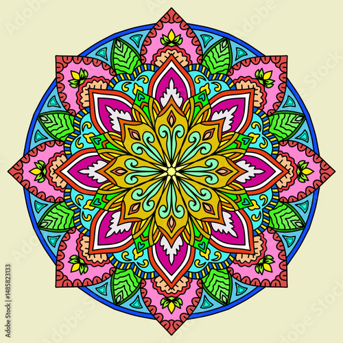Mandala ornamental round lace ornament, Vibrant mandala artwork showcasing intricate patterns in vivid colors, ideal for decoration and artistic inspiration, Vintage decorative elements. 