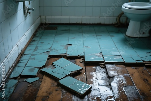 Damaged bathroom floor with broken tiles and decaying wooden planks in an old building