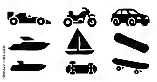 Silhouette icons: vehicles, boats, skateboards, motorcycle, car